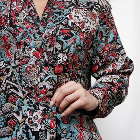 80s Black, Turquoise, Red & Beige Aztec Print Dust Jacket, Button Up Wrap Style - Picture 3 of 9